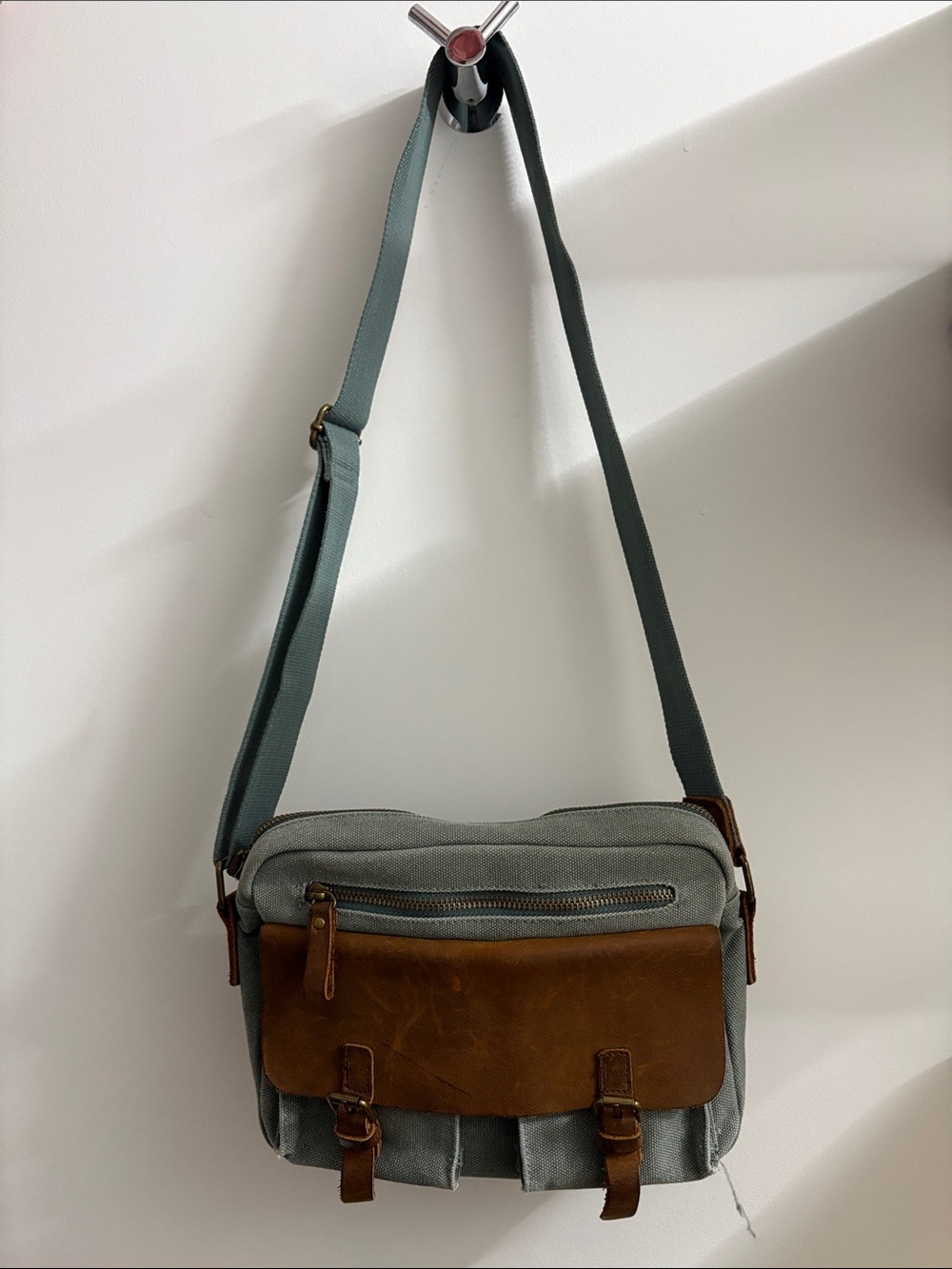 Canvas Leather Crossbody Bag in Teal Blue and Brown